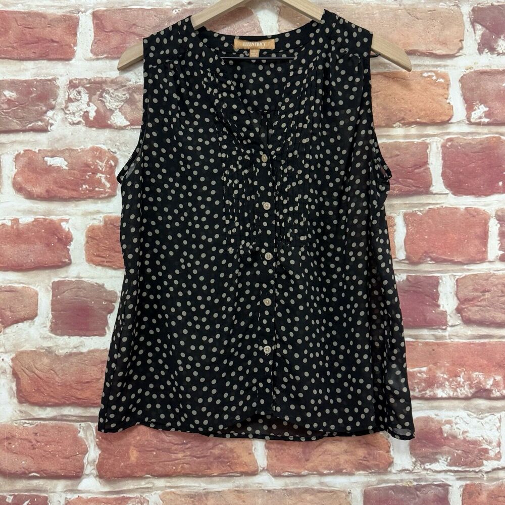 Ellen Tracy Top Shirt Women's Large Black Tan Polka Dot Pleated Casual Button Up